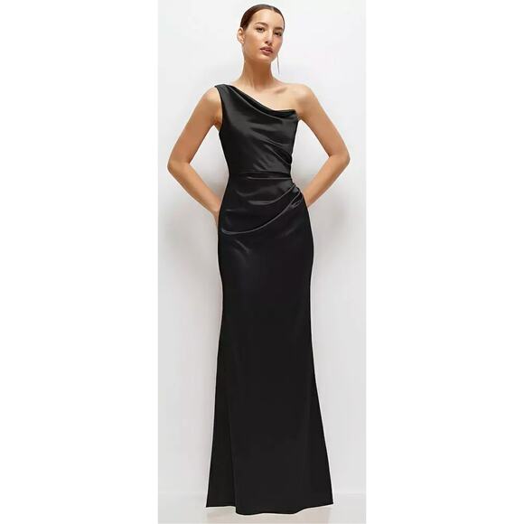 After Six NWT Black One-Shoulder Cat-Eye Neckline Satin Maxi Dress Formal 6 - Picture 1 of 8